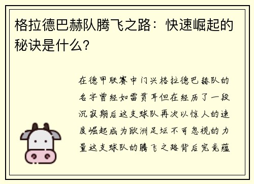 格拉德巴赫队腾飞之路：快速崛起的秘诀是什么？