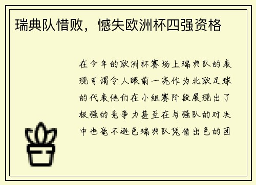 瑞典队惜败，憾失欧洲杯四强资格